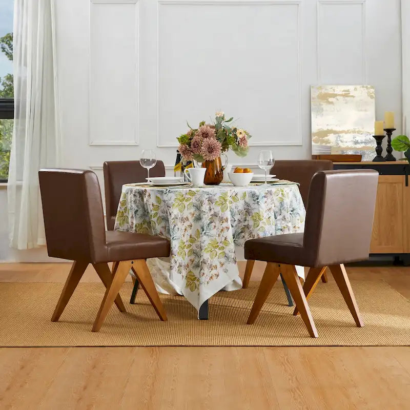 Set of 4 Faux Leather Upholstered Side Dining Chairs with V-shaped Wood Legs